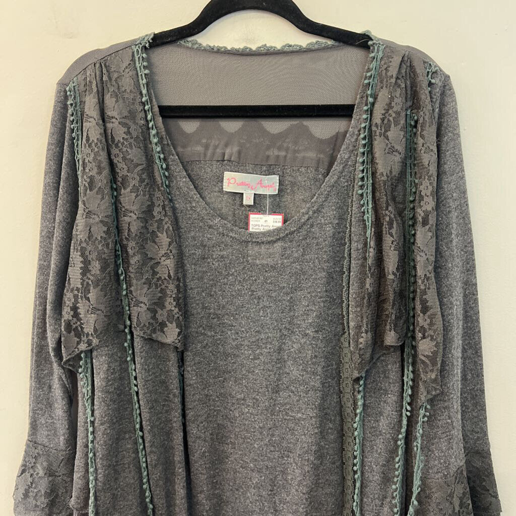 Pretty Angel Grey Lace Fringe Long Sleeve Top 1X