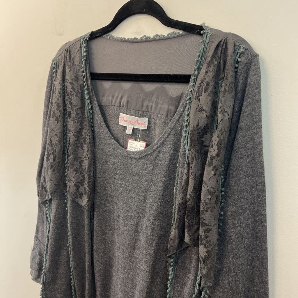 Pretty Angel Grey Lace Fringe Long Sleeve Top 1X