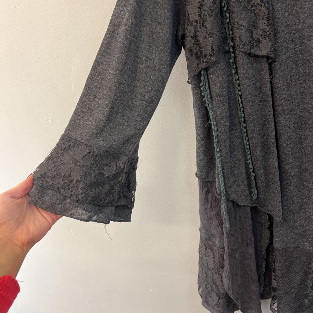 Pretty Angel Grey Lace Fringe Long Sleeve Top 1X
