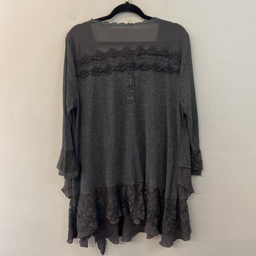 Pretty Angel Grey Lace Fringe Long Sleeve Top 1X