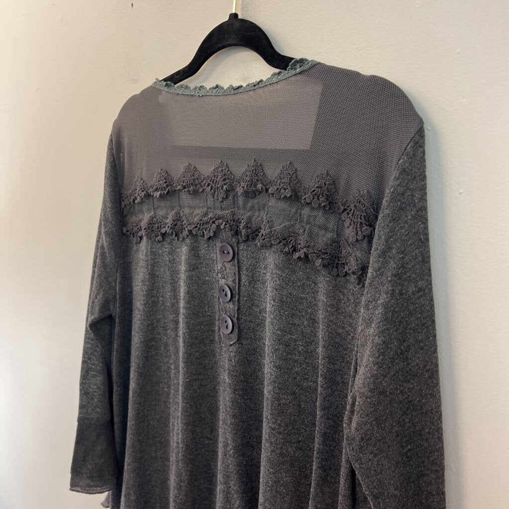 Pretty Angel Grey Lace Fringe Long Sleeve Top 1X