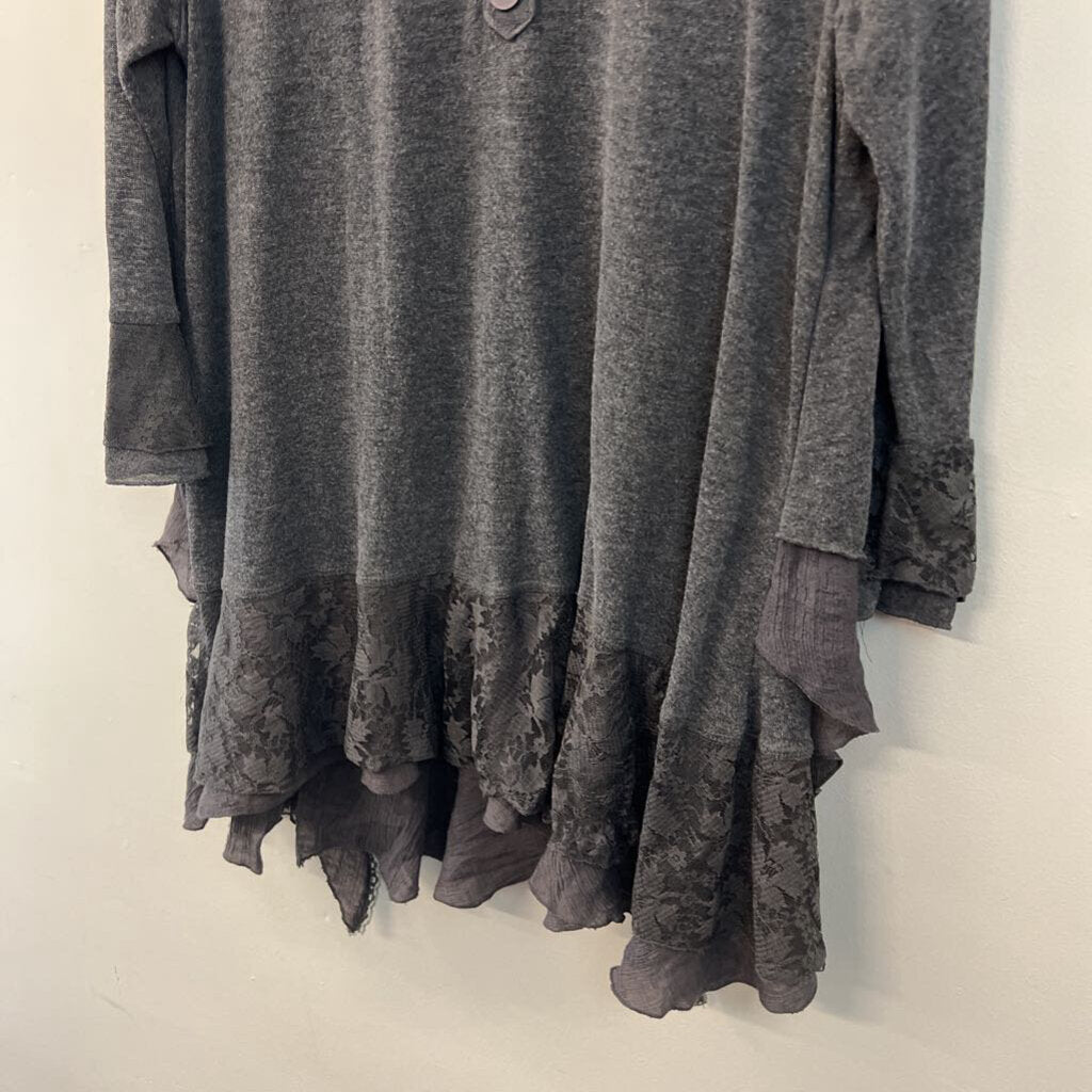 Pretty Angel Grey Lace Fringe Long Sleeve Top 1X