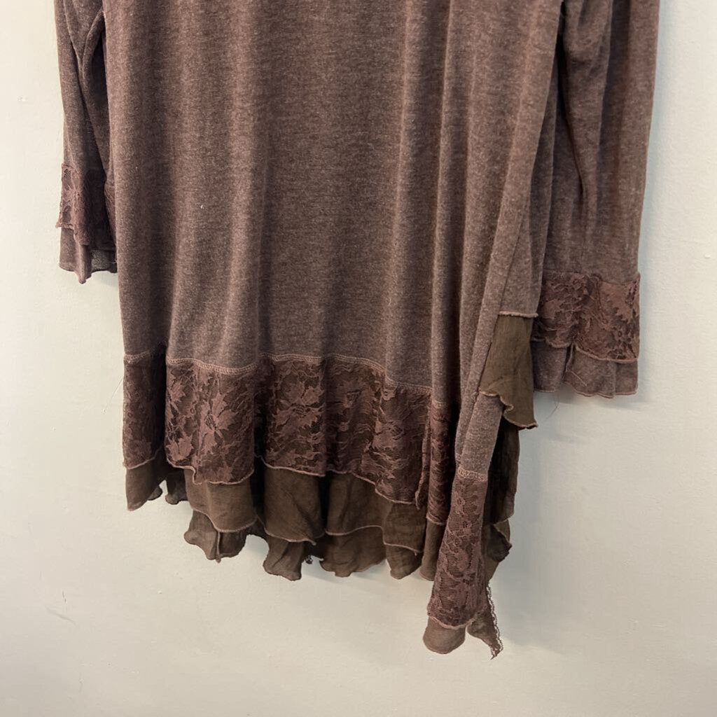 Pretty Angel Brown Lace Fringe Long Sleeve Top 1X