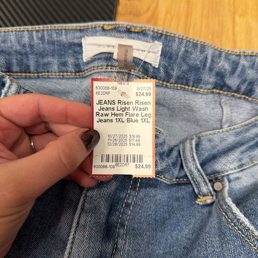 Risen Jeans Light Wash Raw Hem Flare Leg Jeans 1XL