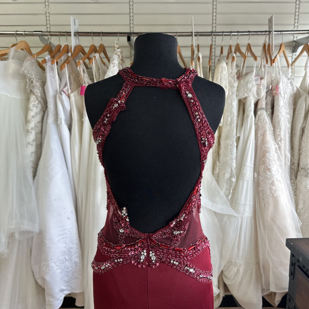 Alyce Burgundy Beaded Detail High Neck Long Formal Dress 10