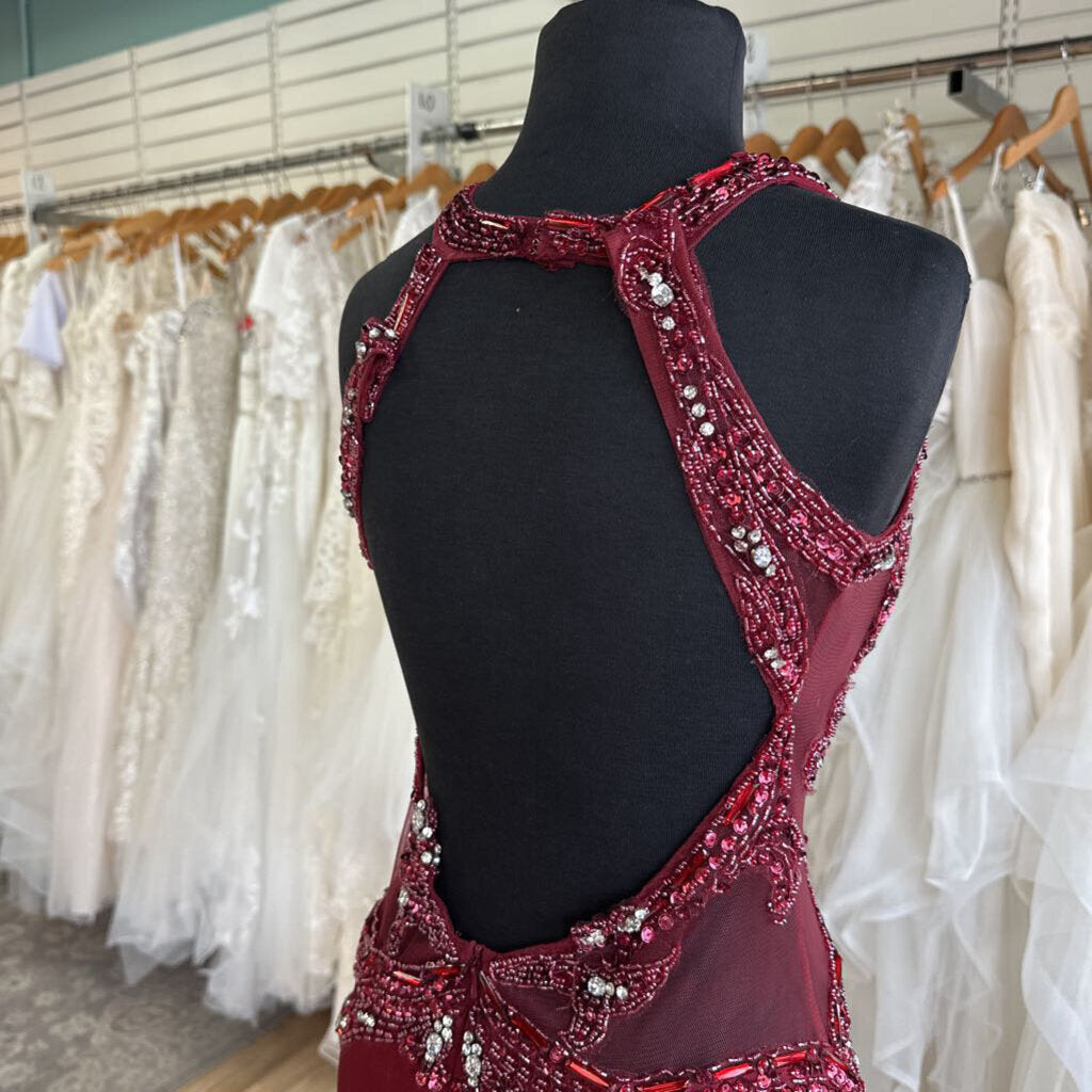Alyce Burgundy Beaded Detail High Neck Long Formal Dress 10