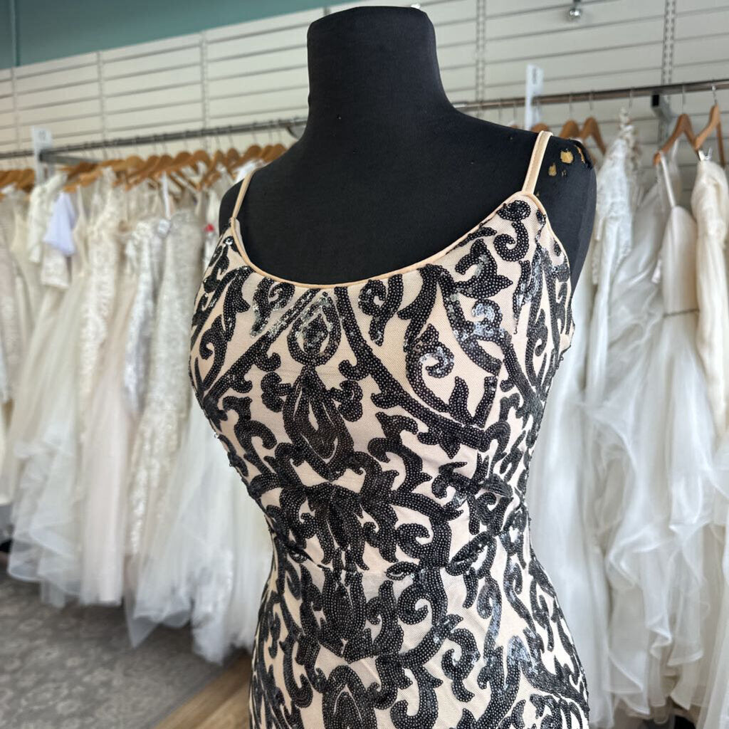 Miss Ord Beige/ Black Sequin Print Long Formal Dress Extra Large
