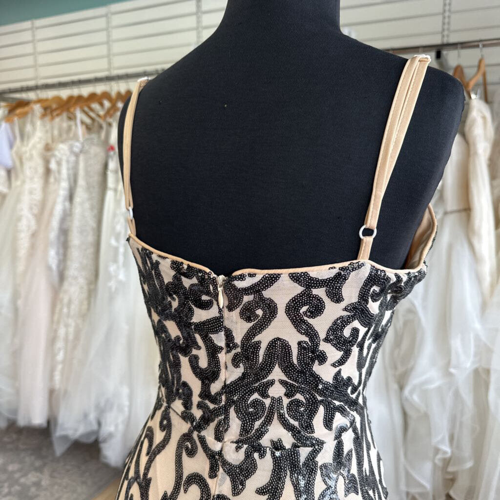 Miss Ord Beige/ Black Sequin Print Long Formal Dress Extra Large
