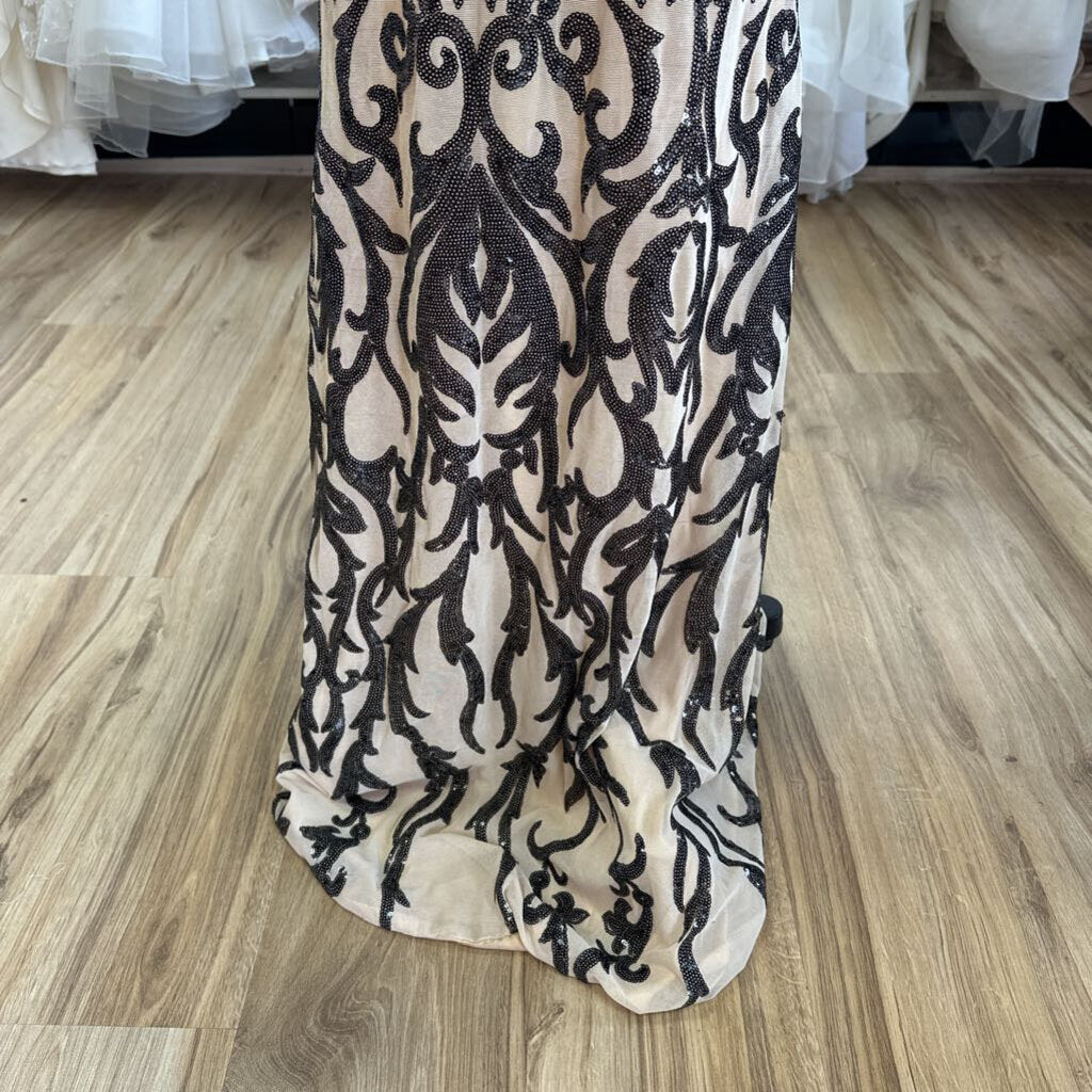 Miss Ord Beige/ Black Sequin Print Long Formal Dress Extra Large