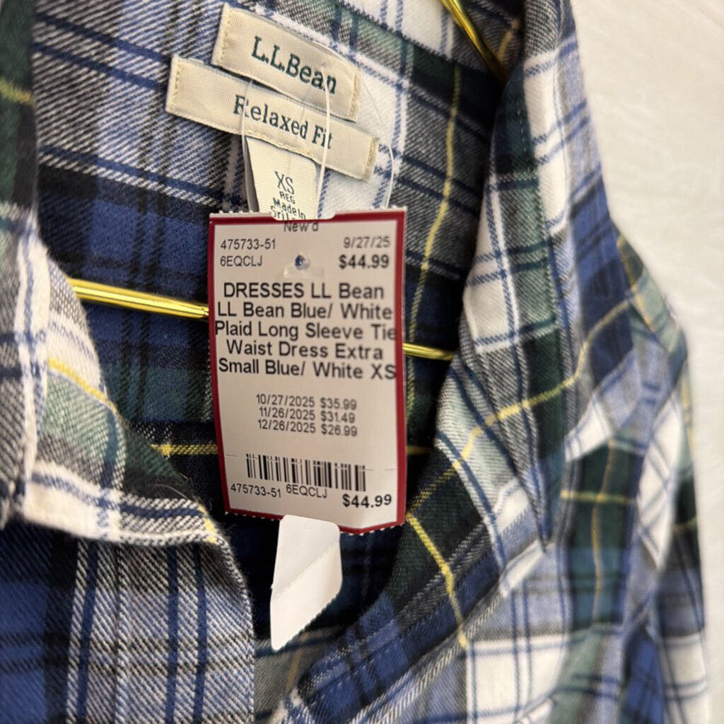 LL Bean Blue/ White Plaid Long Sleeve Tie Waist Dress Extra Small