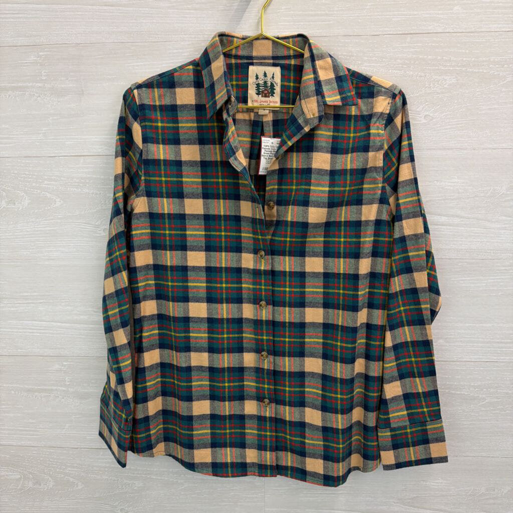 Cozy Cabin Flannels Beige/ Green Plaid Long Sleeve Button Down Top Small