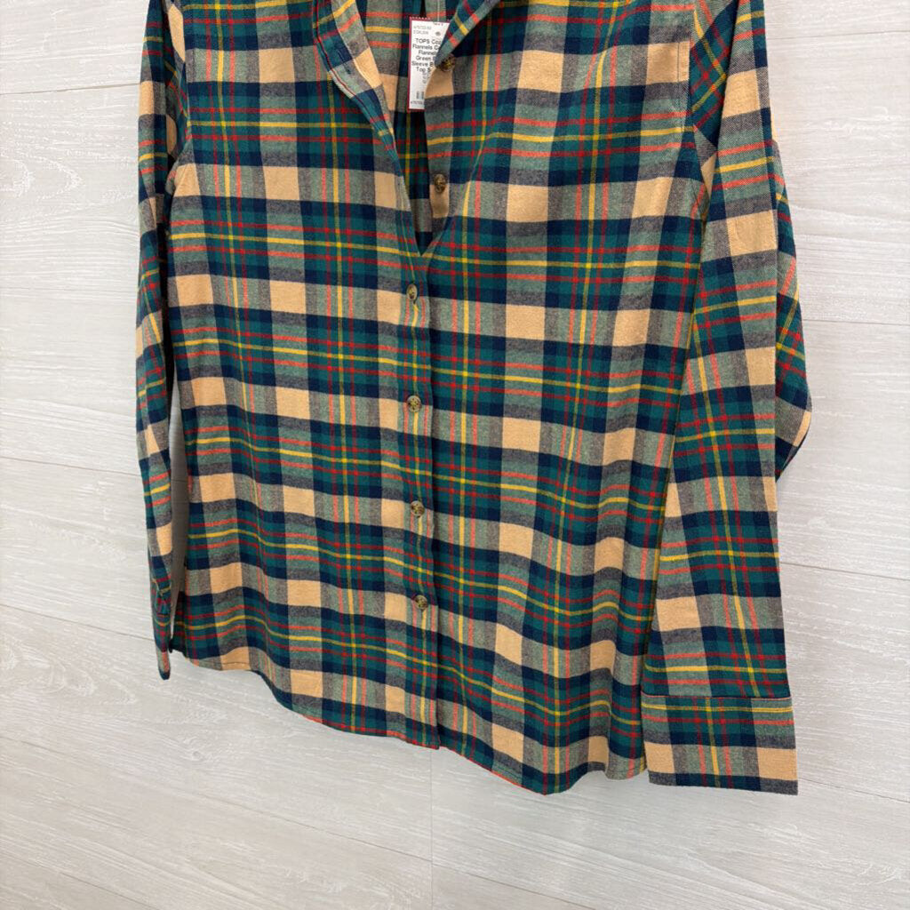 Cozy Cabin Flannels Beige/ Green Plaid Long Sleeve Button Down Top Small