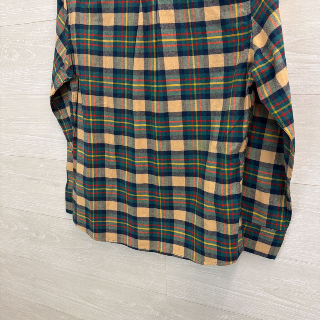 Cozy Cabin Flannels Beige/ Green Plaid Long Sleeve Button Down Top Small