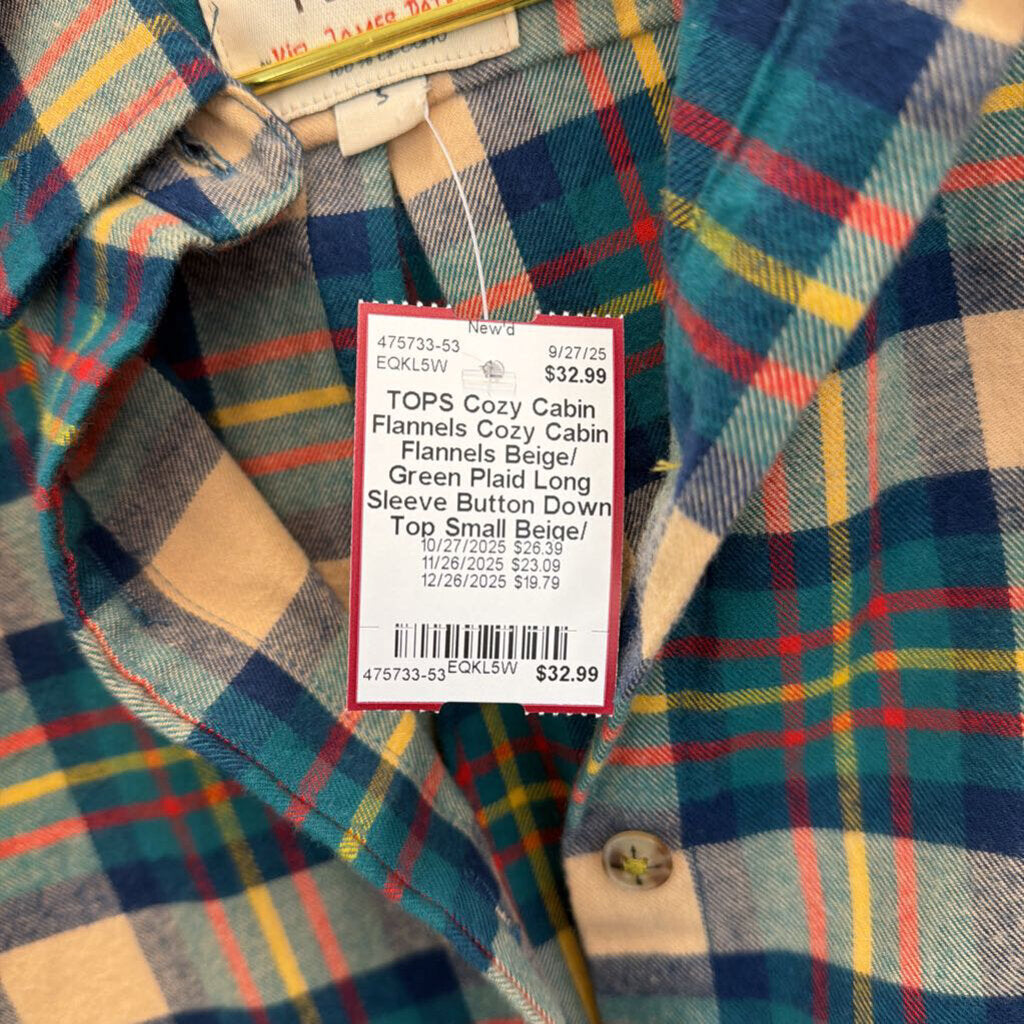 Cozy Cabin Flannels Beige/ Green Plaid Long Sleeve Button Down Top Small