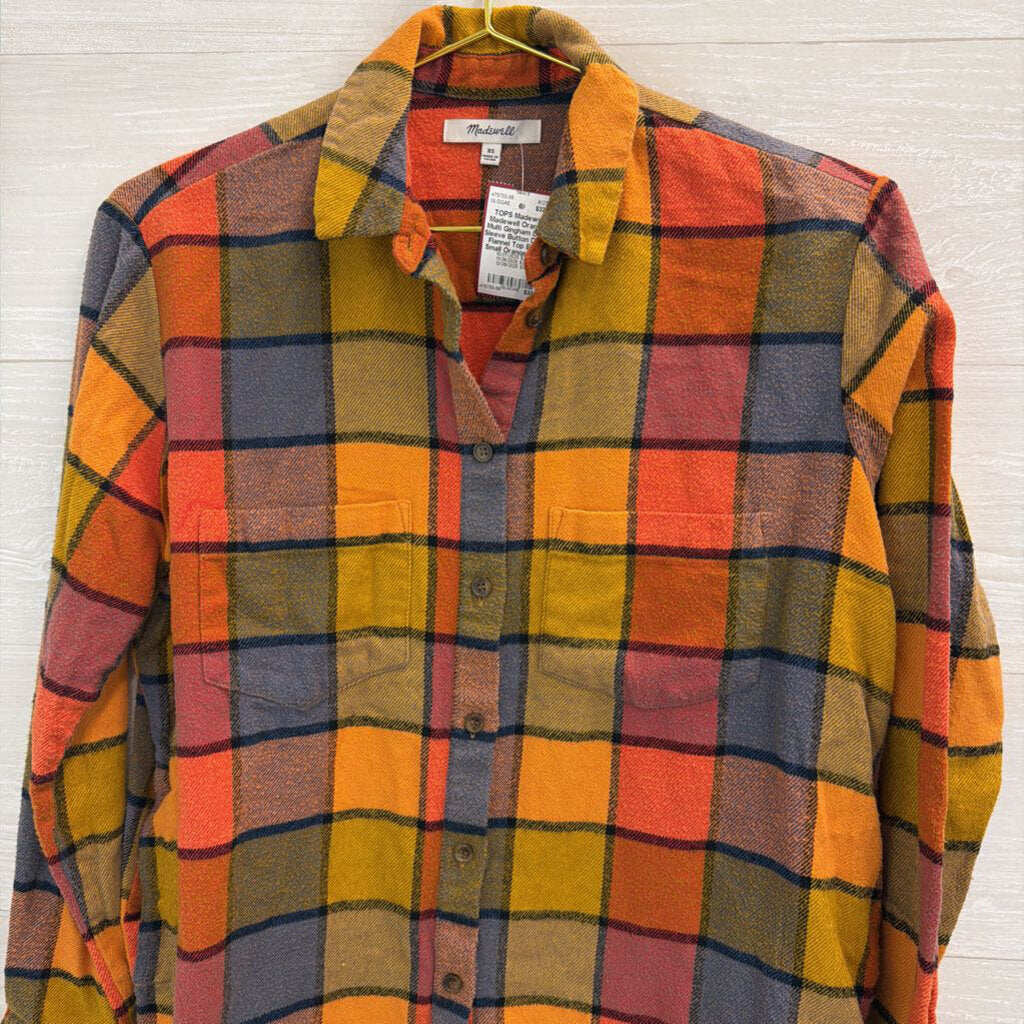 Madewell Orange/ Multi Gingham Long Sleeve Button Down Flannel Top Extra Small