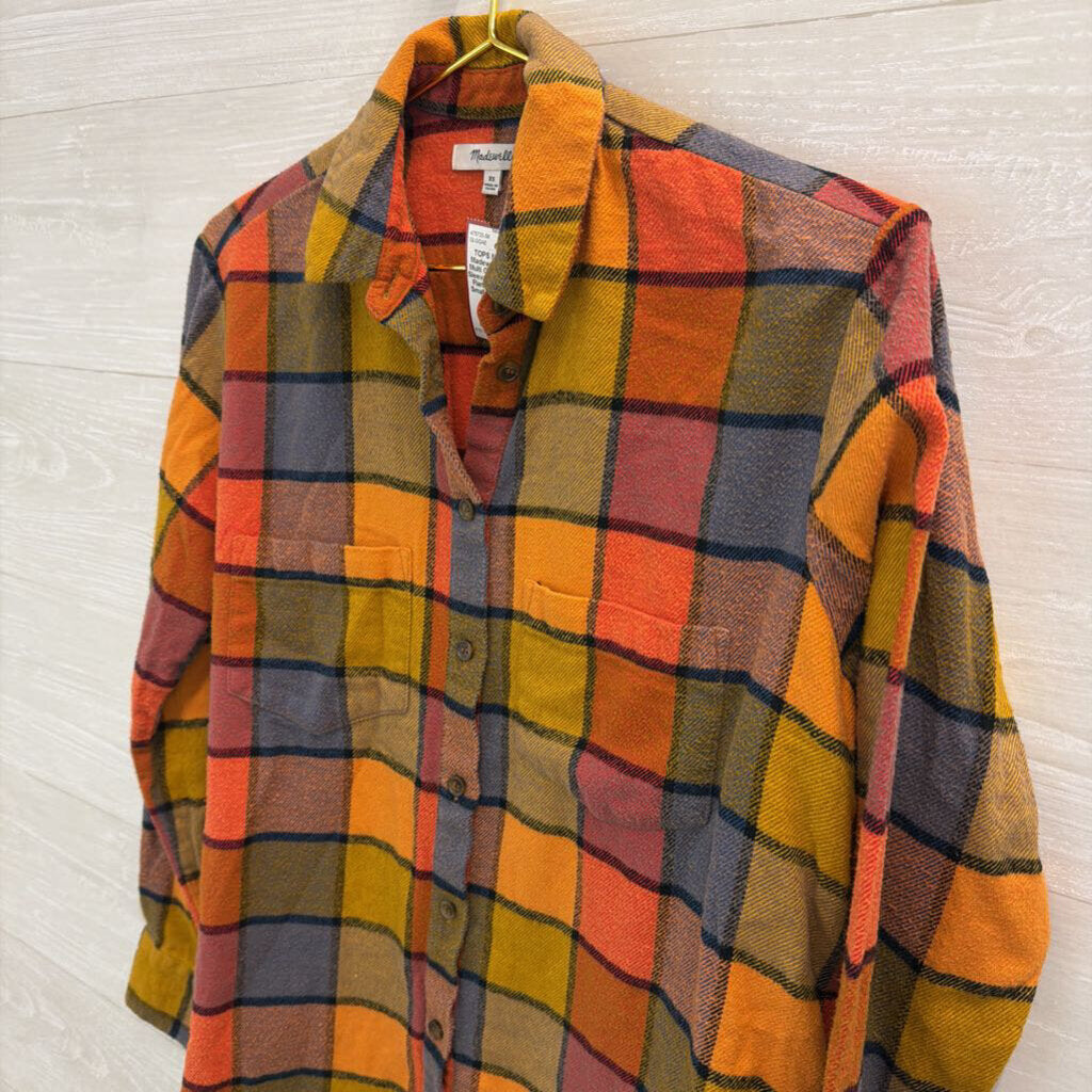 Madewell Orange/ Multi Gingham Long Sleeve Button Down Flannel Top Extra Small