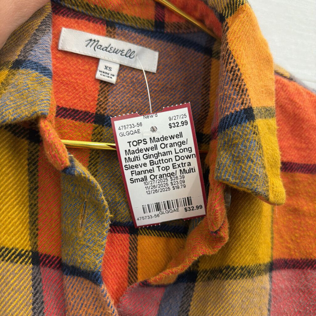 Madewell Orange/ Multi Gingham Long Sleeve Button Down Flannel Top Extra Small