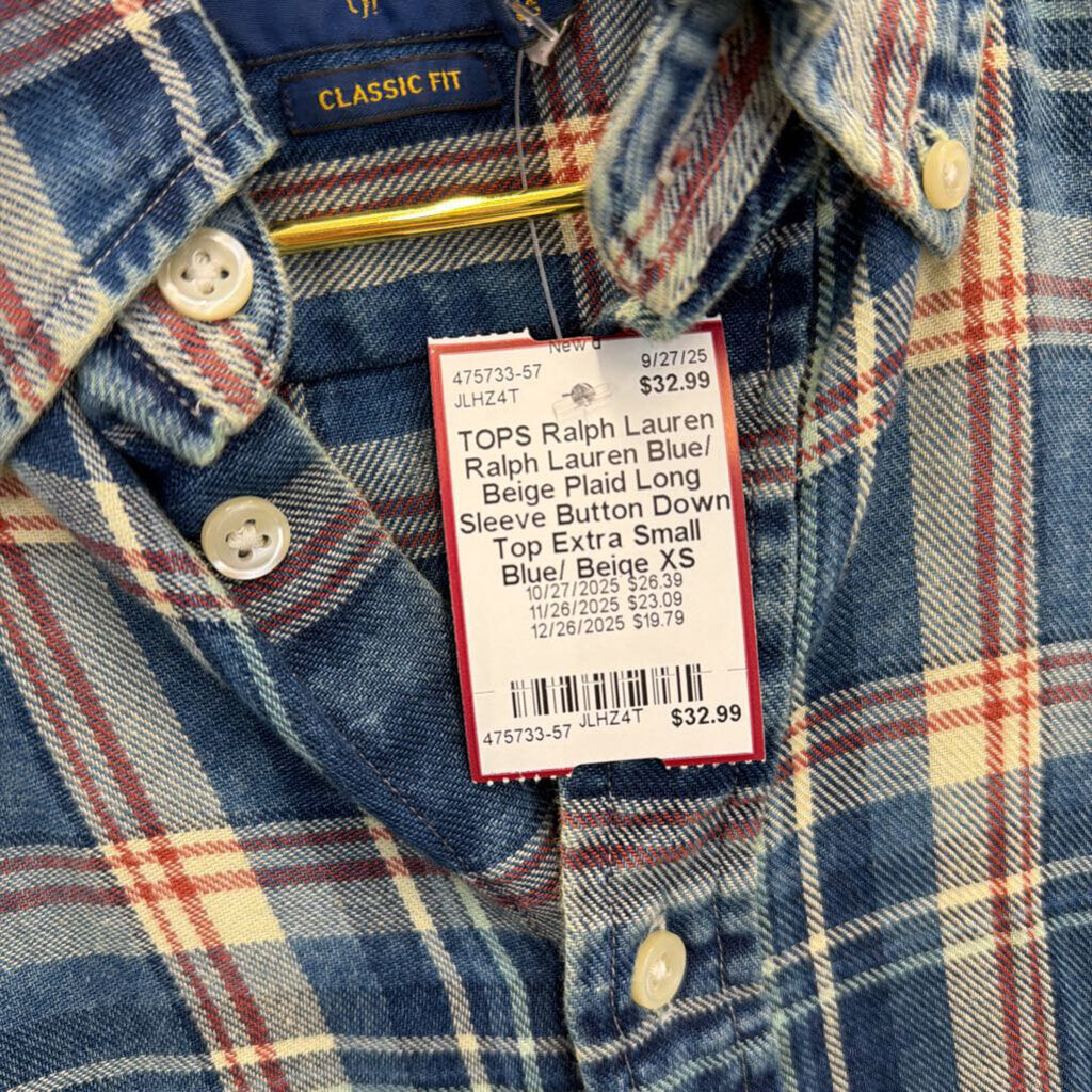 Ralph Lauren Blue/ Beige Plaid Long Sleeve Button Down Top Extra Small