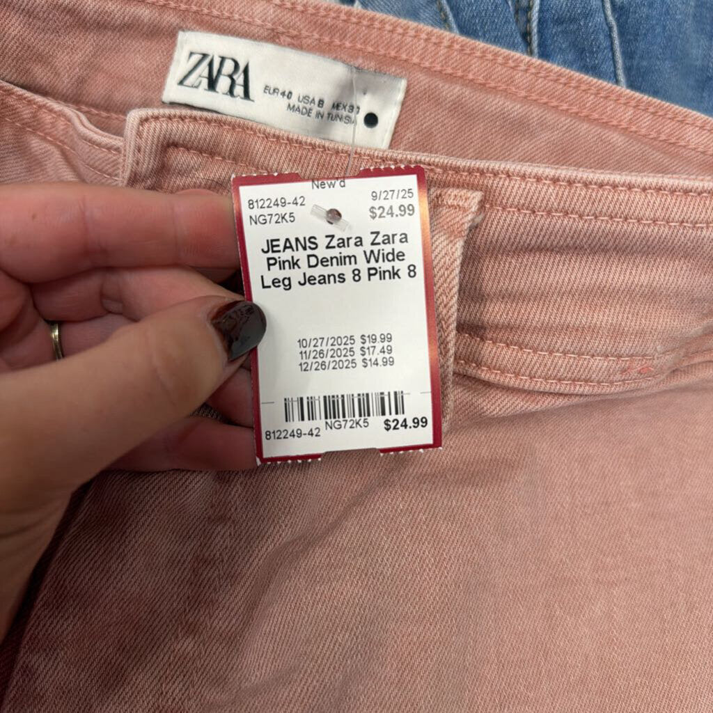 Zara Pink Denim Wide Leg Jeans 8