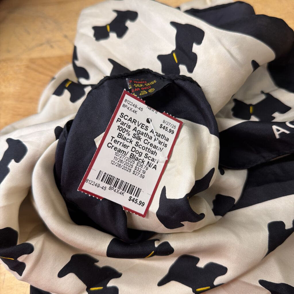 Agatha Paris 100% Silk Cream/ Black Scottish Terrier Dog Scarf