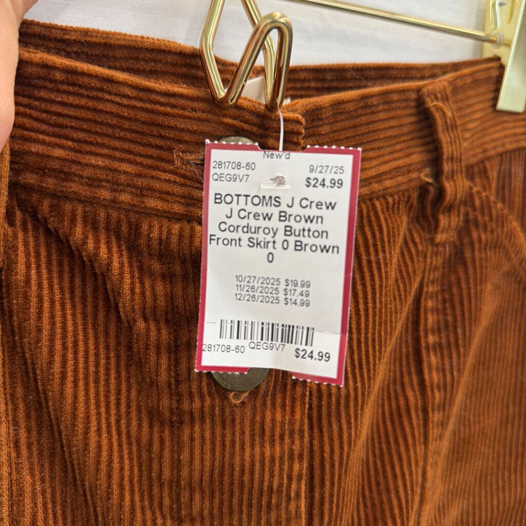 J Crew Brown Corduroy Button Front Skirt 0