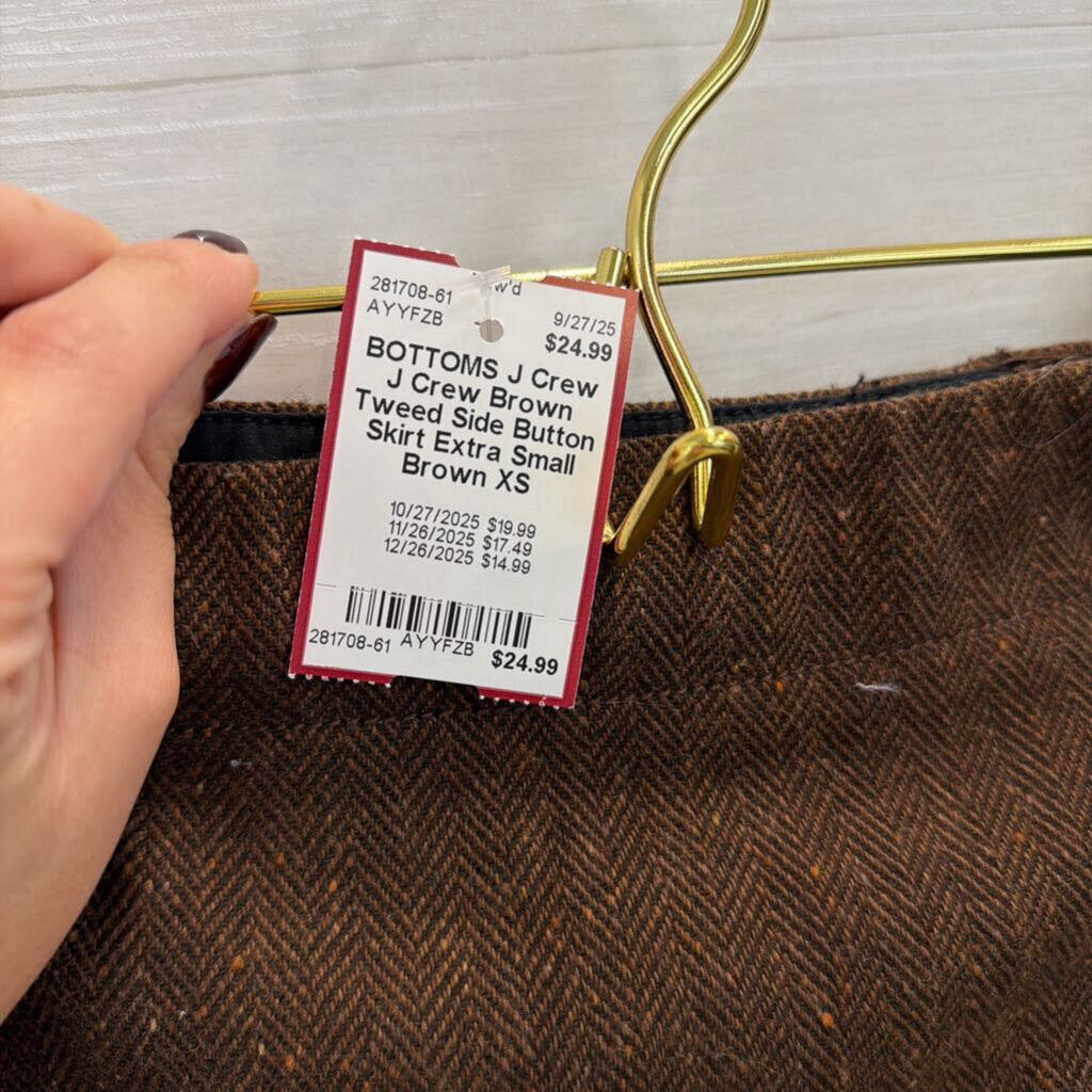 J Crew Brown Tweed Side Button Skirt Extra Small