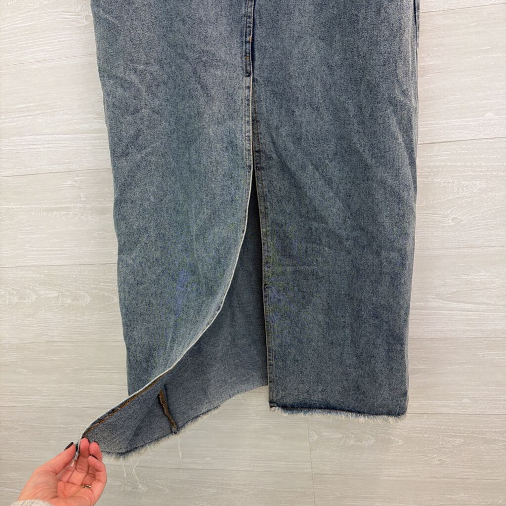 Medium Wash Front Slit Denim Maxi Skirt Large