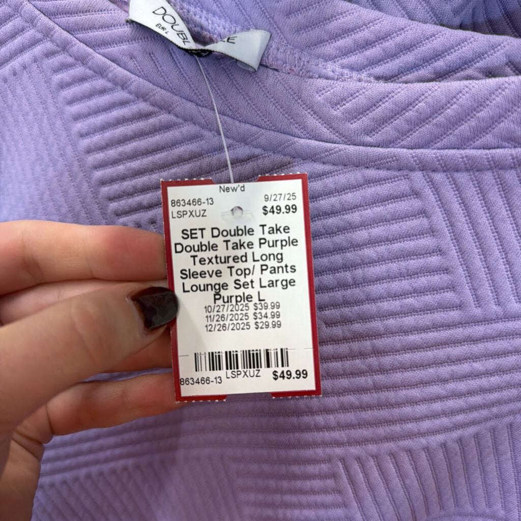 Double Take Purple Textured Long Sleeve Top/ Pants Lounge Set Large