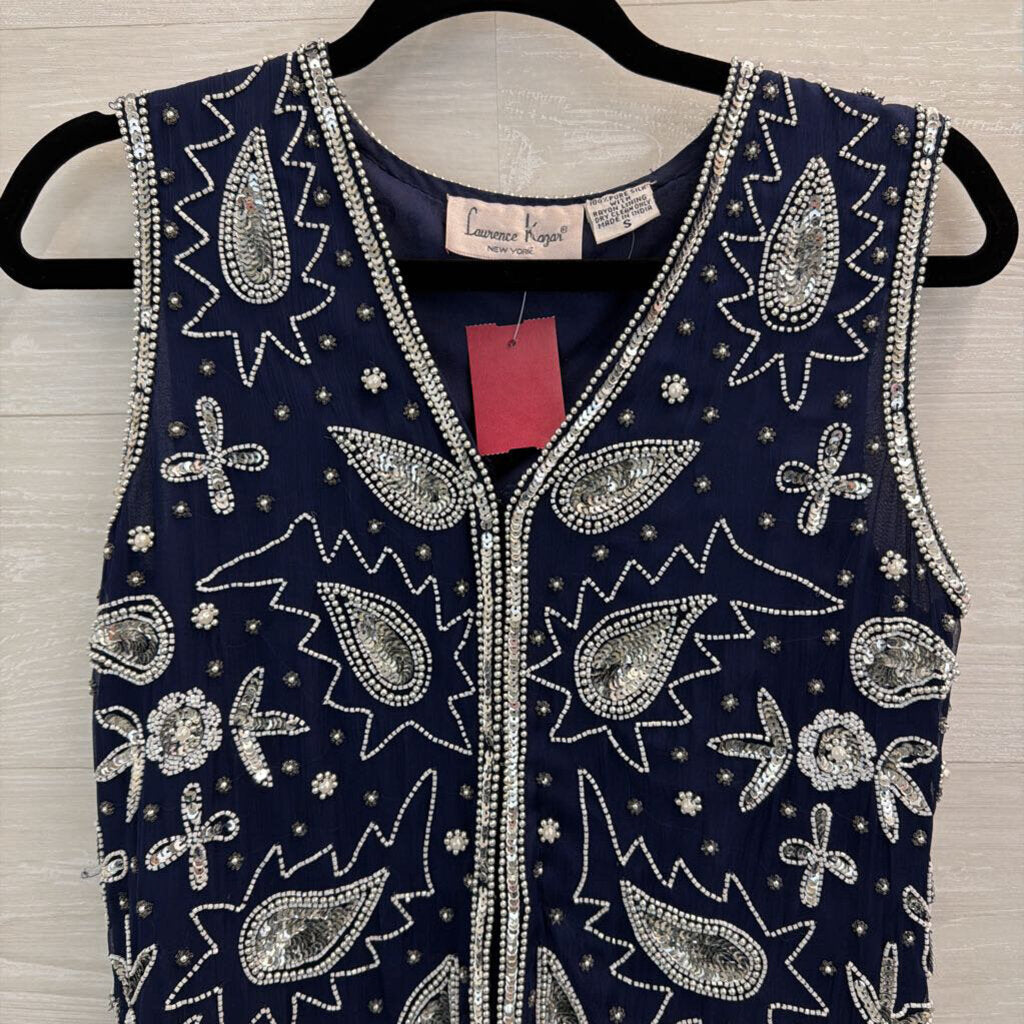 Vintage Laurence Kazar Navy Beaded Vest Top Small