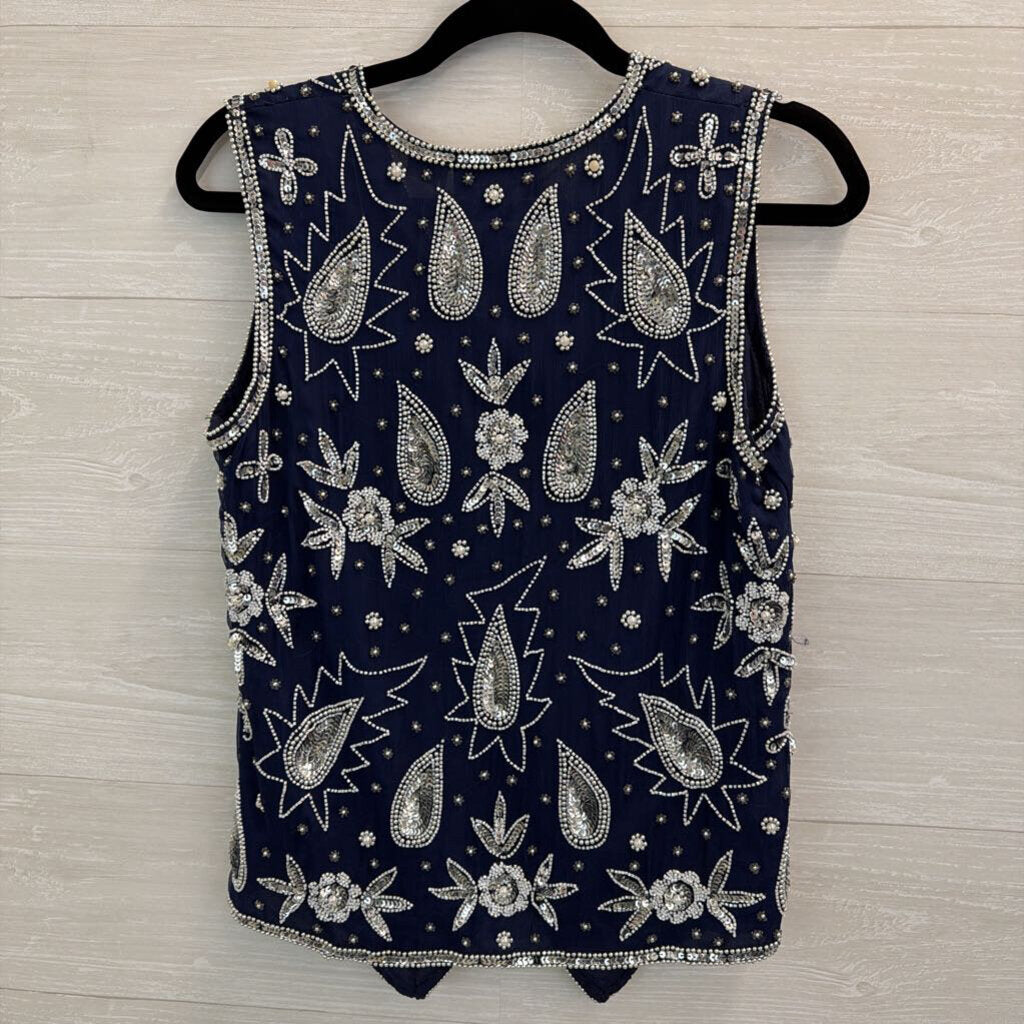 Vintage Laurence Kazar Navy Beaded Vest Top Small