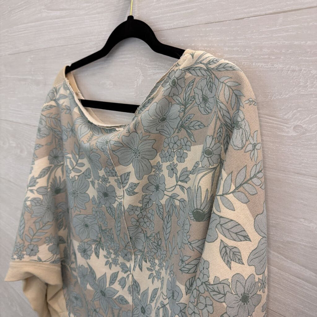 Free People Blue/ White Flower Print Boxy Sweatshirt Top Extra Small