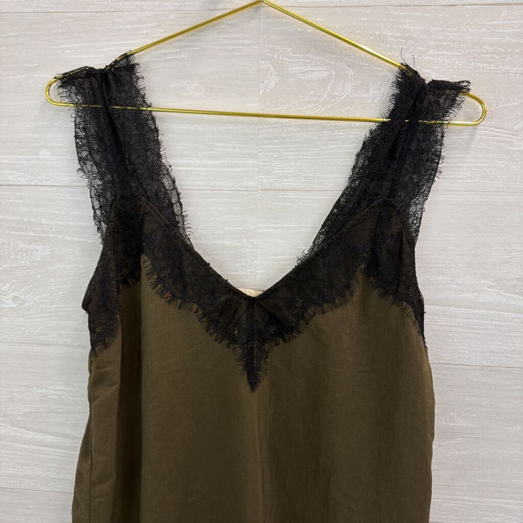 Love Stitch Green/ Black Lace Silky Tank Top Small