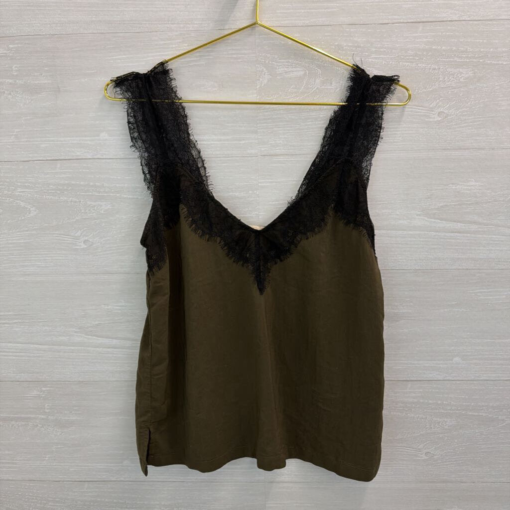 Love Stitch Green/ Black Lace Silky Tank Top Small