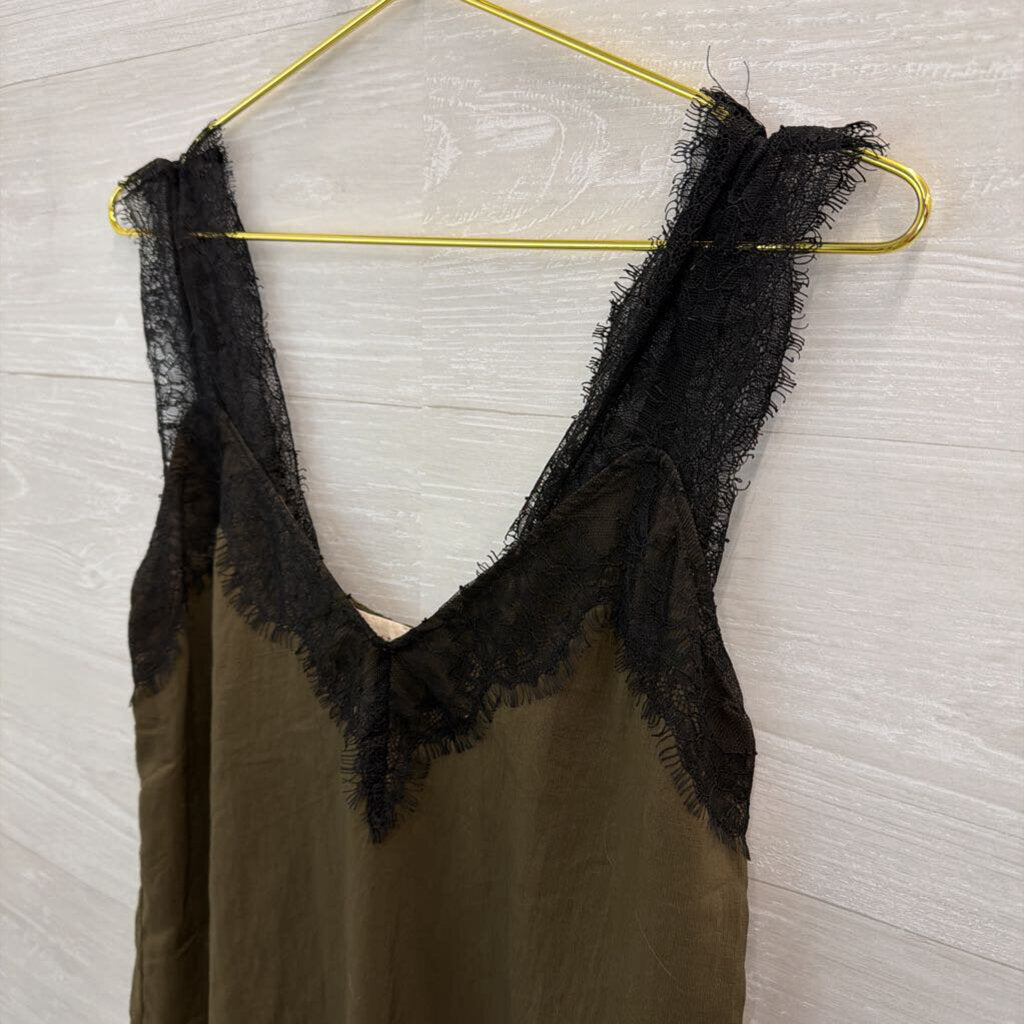 Love Stitch Green/ Black Lace Silky Tank Top Small