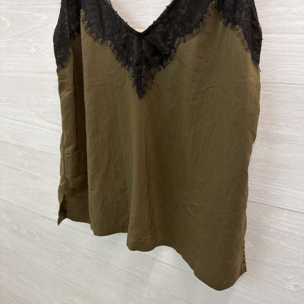 Love Stitch Green/ Black Lace Silky Tank Top Small