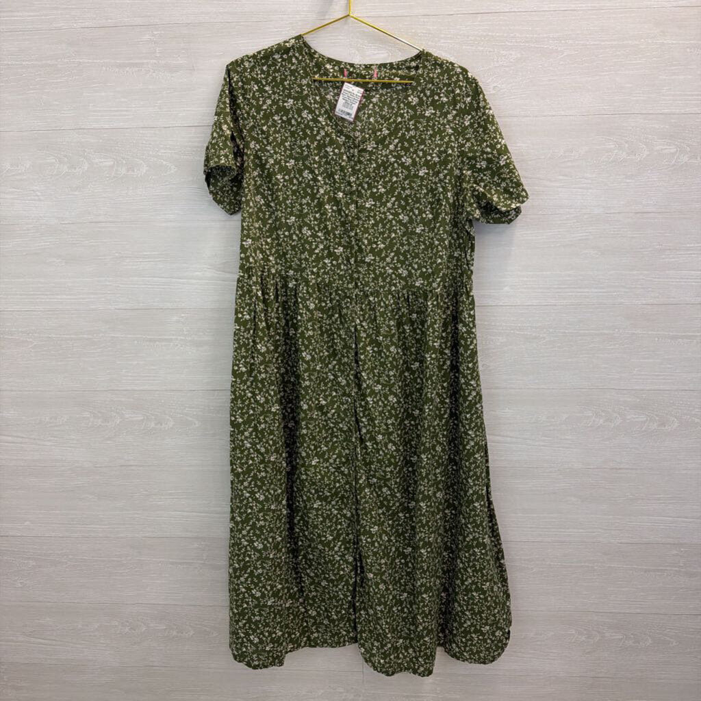 Green/ White Print Short Sleeve Button Front Maxi Dress Medium