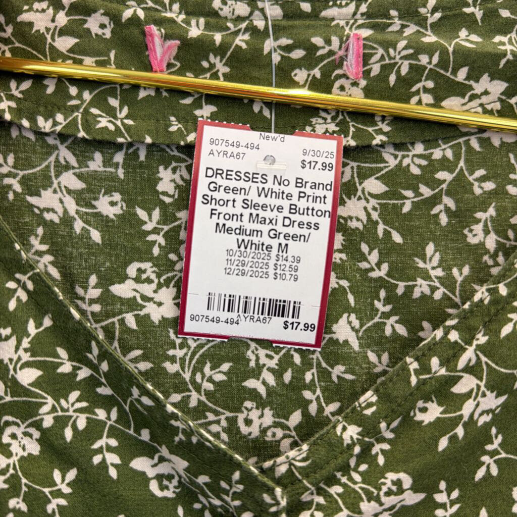 Green/ White Print Short Sleeve Button Front Maxi Dress Medium