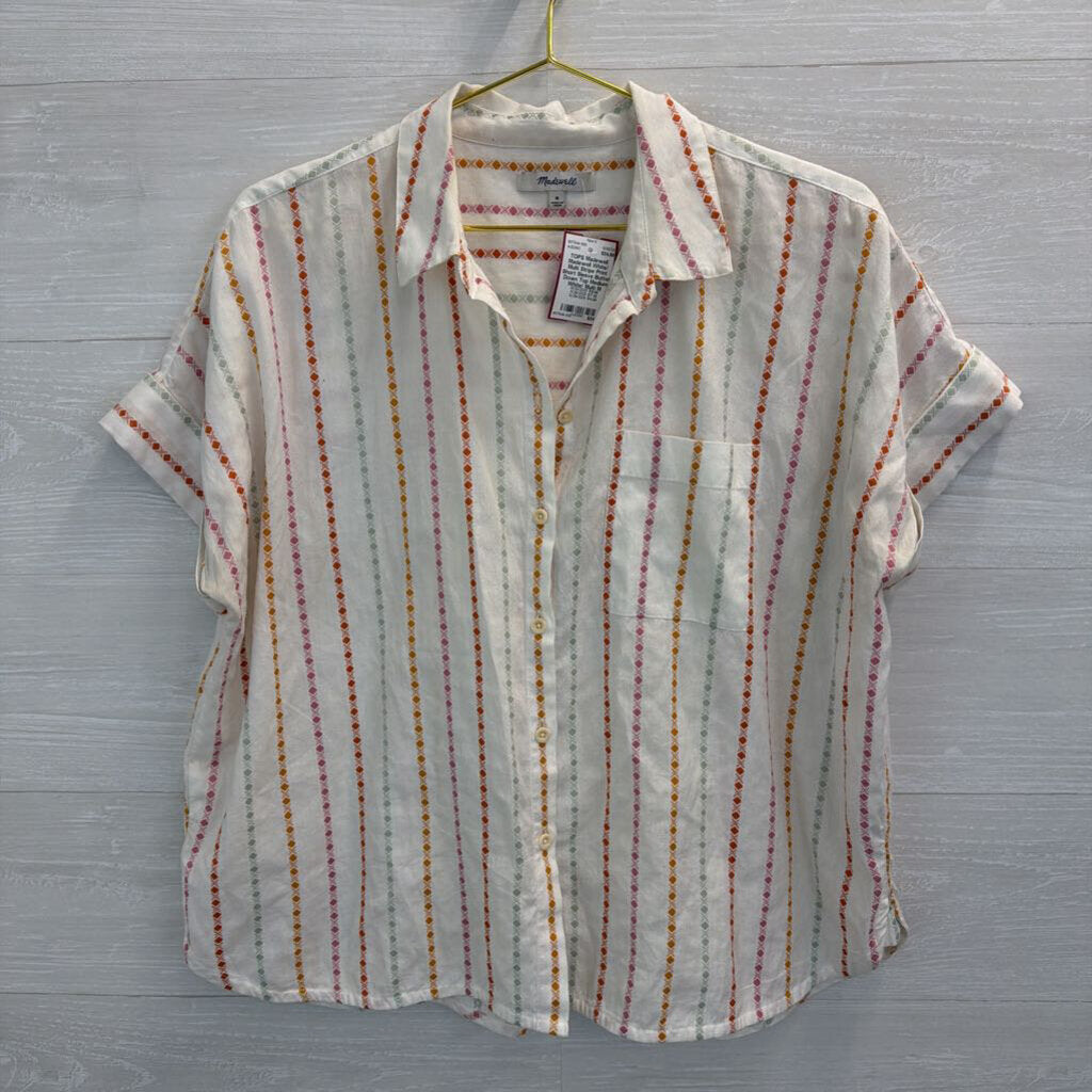 Madewell White/ Multi Stripe Print Short Sleeve Button Down Top Medium