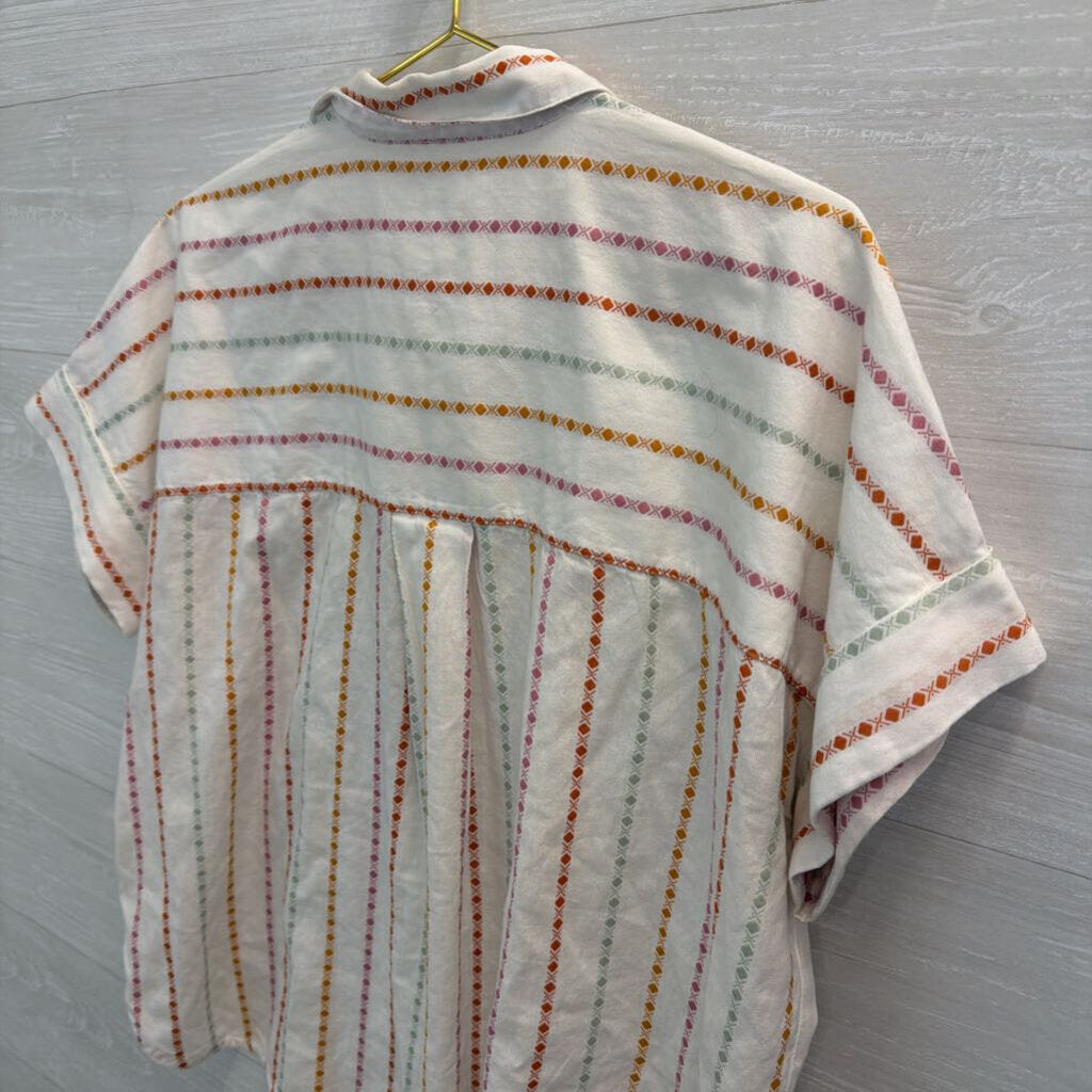 Madewell White/ Multi Stripe Print Short Sleeve Button Down Top Medium