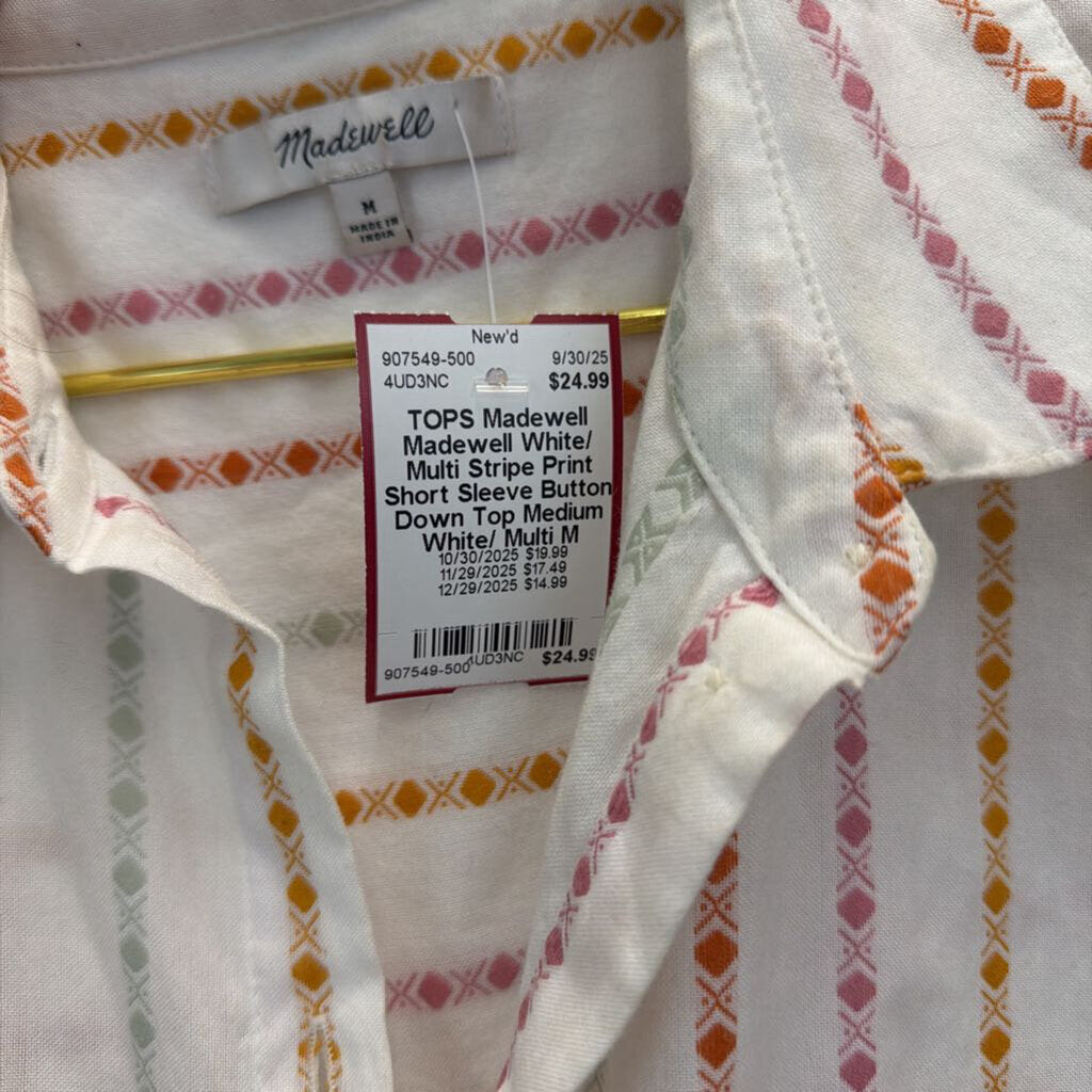 Madewell White/ Multi Stripe Print Short Sleeve Button Down Top Medium