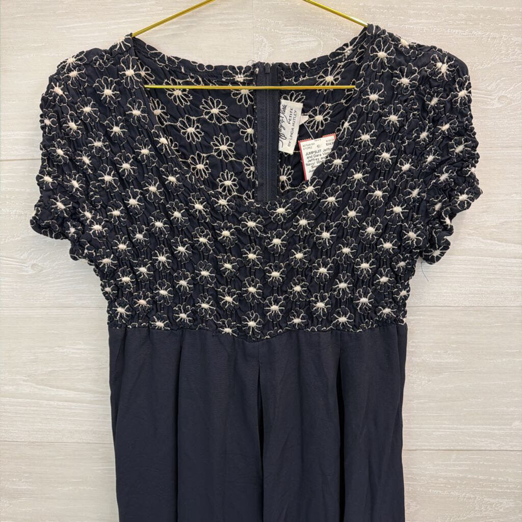 Vintage Jeffrey and Dara Navy/ White Flower Smocked Top Jumpsuit 14 Petite