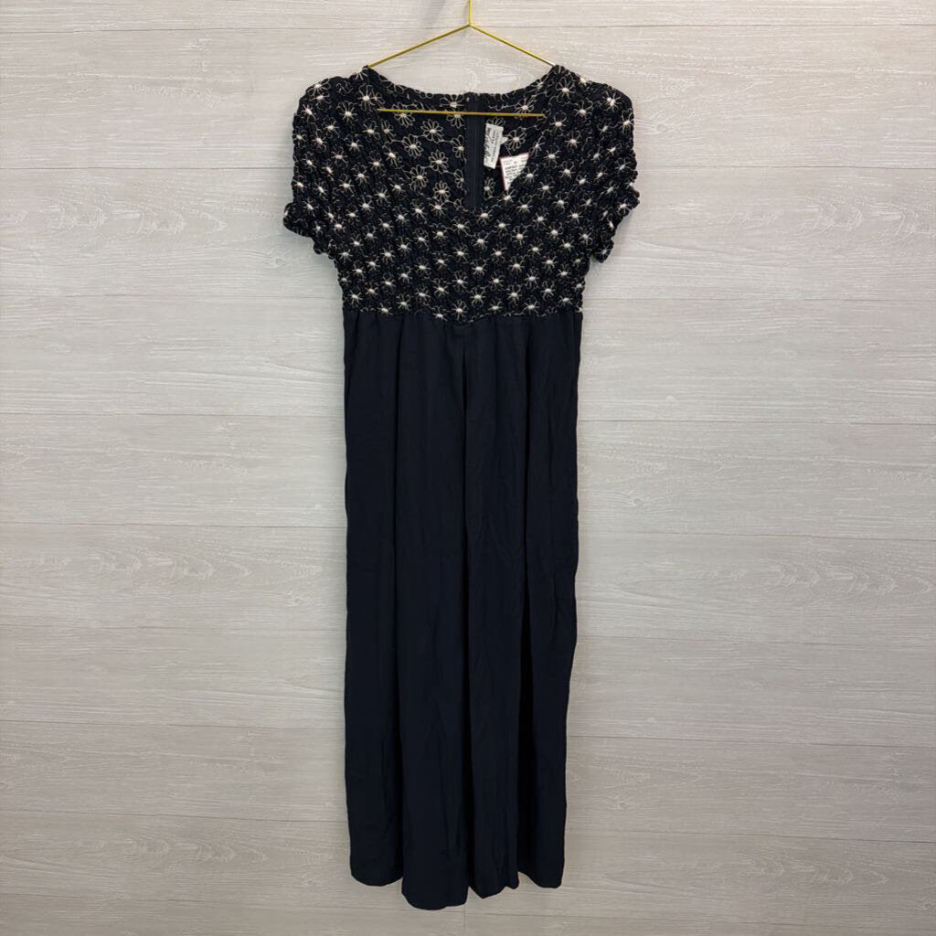 Vintage Jeffrey and Dara Navy/ White Flower Smocked Top Jumpsuit 14 Petite