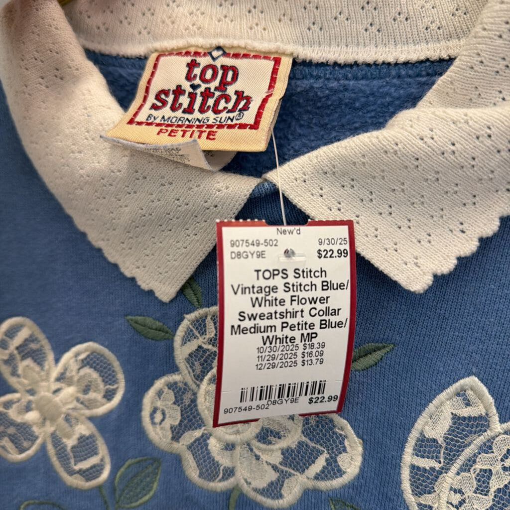 Vintage Stitch Blue/ White Flower Sweatshirt Collar Medium Petite