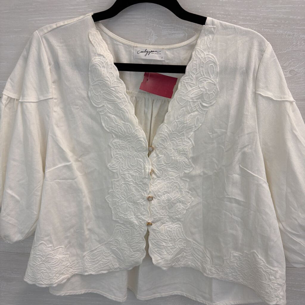 Carly Jean White Embroidered Short Puff Sleeve Crop Top Large