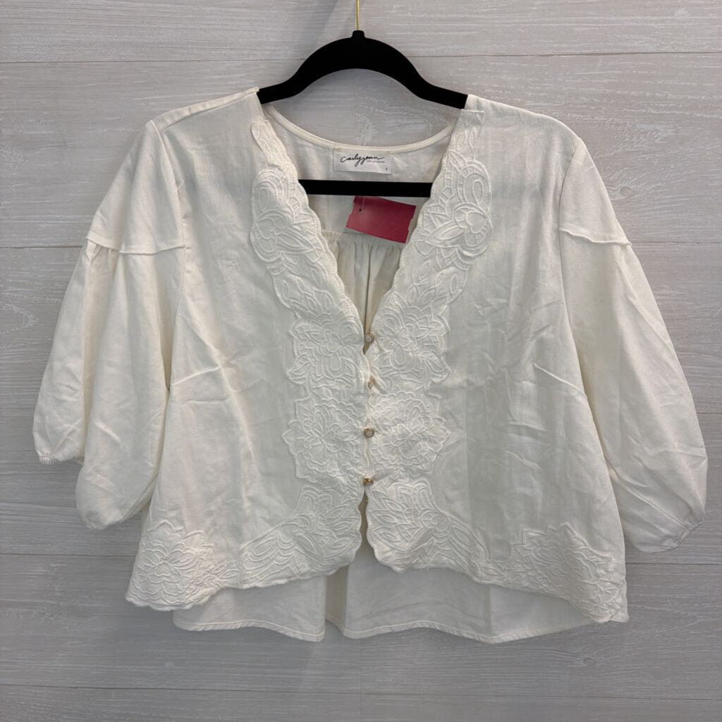 Carly Jean White Embroidered Short Puff Sleeve Crop Top Large
