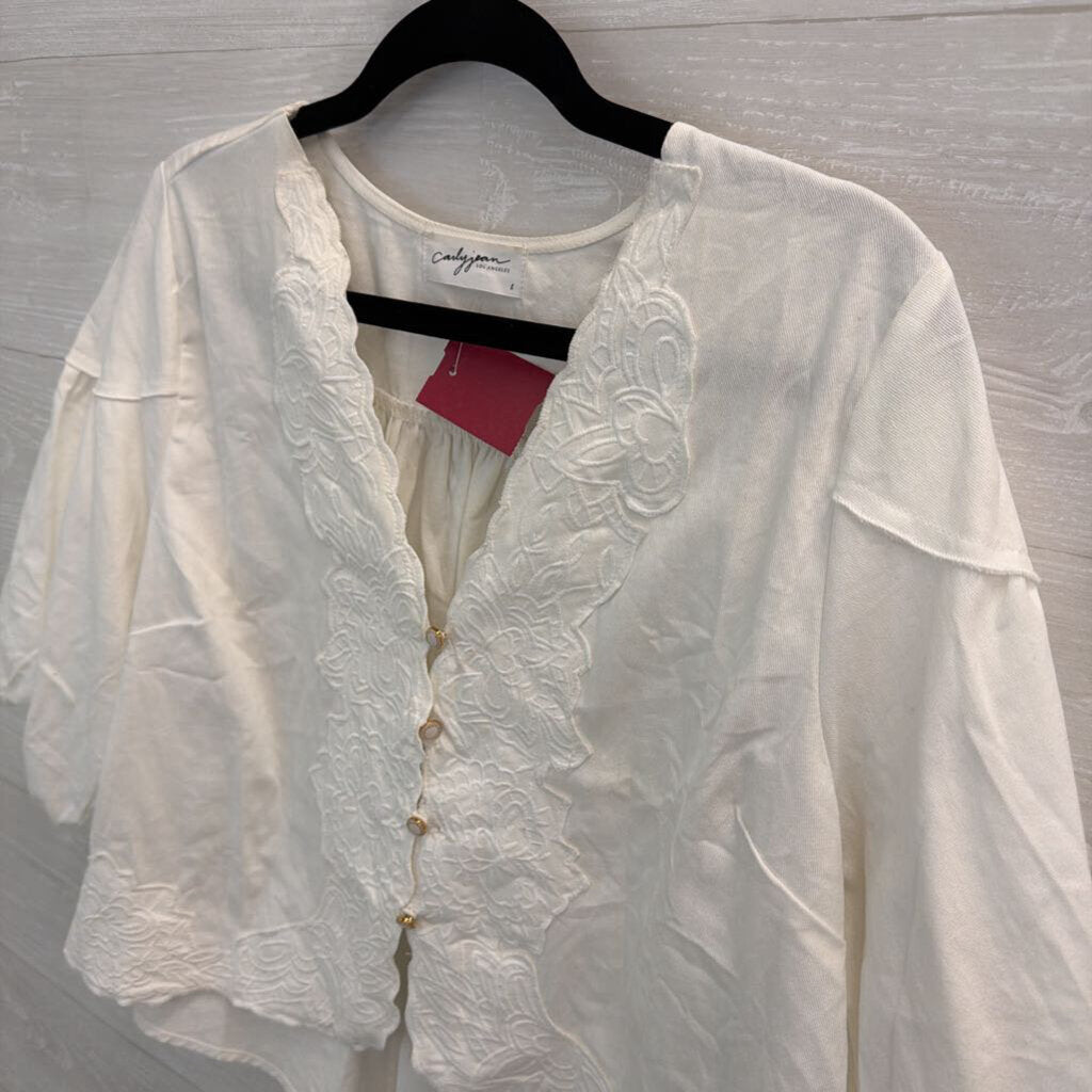 Carly Jean White Embroidered Short Puff Sleeve Crop Top Large