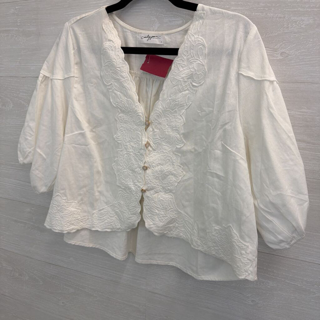 Carly Jean White Embroidered Short Puff Sleeve Crop Top Large
