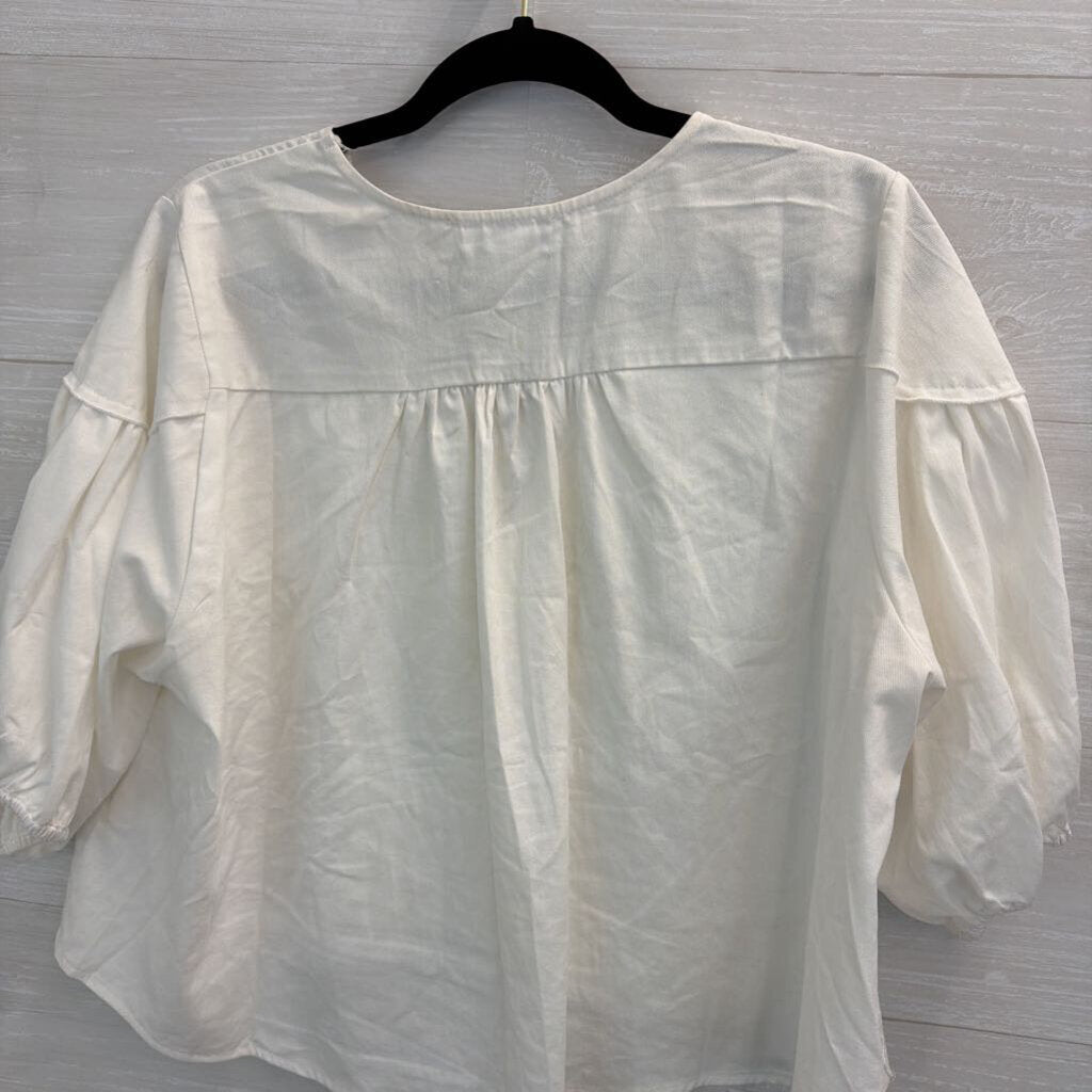 Carly Jean White Embroidered Short Puff Sleeve Crop Top Large