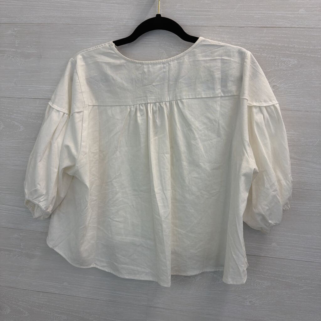 Carly Jean White Embroidered Short Puff Sleeve Crop Top Large