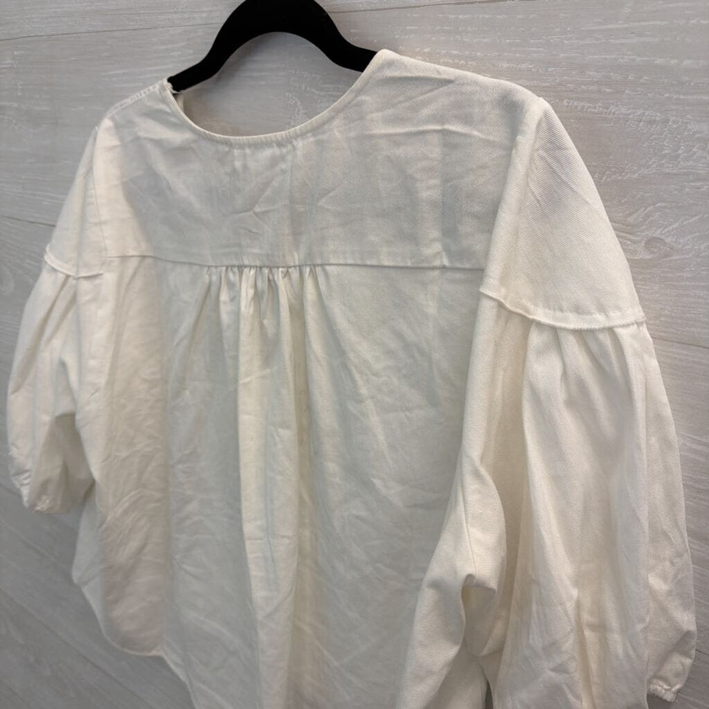 Carly Jean White Embroidered Short Puff Sleeve Crop Top Large